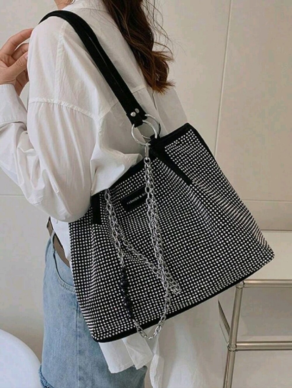 Women Rhinestone Bling Chain Beautiful Sparkly Shoulder Tote - Picture 4 of 7